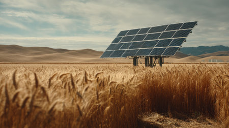 A solar panel stands prominently in a golden wheat field, showcasing the blend of modern technology and agriculture under a vast sky.の素材