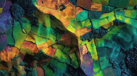 Explore a stunning aerial view featuring a patchwork of colorful fields and lush forests, showcasing the beauty of nature's patterns and textures.の素材