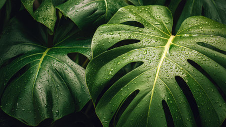 This detailed close-up of fresh Monstera leaves showcases vibrant green hues and glistening raindrops, ideal for nature-themed decor or gardening inspiration.の素材