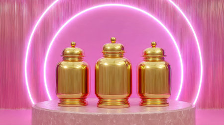 Three elegant golden jars are displayed on a marble pedestal, set against a vibrant pink background with glowing neon circles. The luxurious design creates an eye-catching focal point.の素材