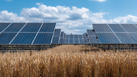 A vast solar panel array sits prominently amidst a golden wheat field, showcasing the blend of modern energy technology with agriculture under a bright blue sky.の素材