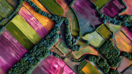 This breathtaking aerial image captures a vibrant patchwork of fields showcasing various textures and colors, highlighting the beauty of rural landscapes.の素材