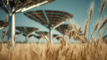 A stunning image showcasing innovative sunlight harvesting structures surrounded by golden wheat fields under a vibrant blue sky. The harmony of nature and technology is vividly captured.の素材