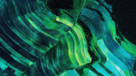 Explore a stunning aerial view showcasing vibrant agricultural fields with a unique blend of colors and captivating patterns found in nature.の素材