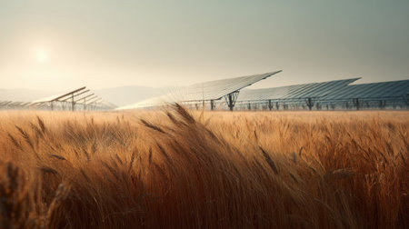 A stunning sunrise illuminates solar panels set against a golden wheat field, showcasing the harmony between renewable energy and agriculture.の素材