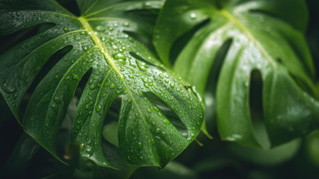 Explore the beauty of lush tropical leaves adorned with raindrops. This close-up captures the vibrant textures and natural freshness of greenery, perfect for enhancing any project or theme.の素材