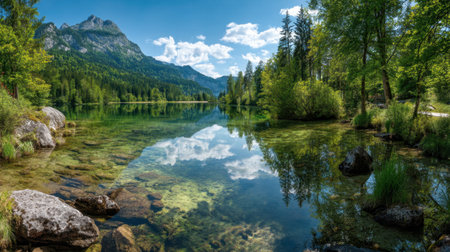 Experience a tranquil scene of a crystal-clear lake surrounded by lush forests and majestic mountains under a bright blue sky.の素材