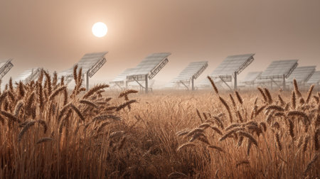 A serene rural landscape shows golden wheat fields under the soft glow of the rising sun, with solar panels capturing sunlight in the distance.の素材