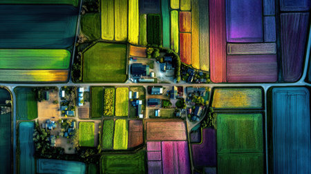 A stunning aerial photograph showcasing a vibrant patchwork of colorful crop fields and farming landscapes. The intricate geometric patterns highlight the diversity of agriculture, creating a mesmerizing visual experience.の素材