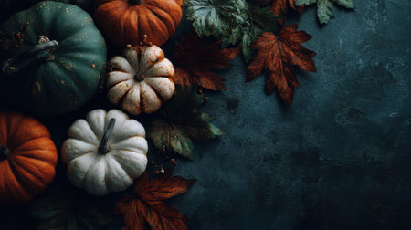 A stunning arrangement of colorful pumpkins and autumn leaves set against a dark background, perfect for seasonal decoration and Thanksgiving themes.の素材
