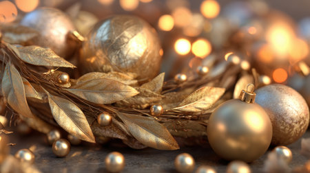 This elegant arrangement features golden Christmas baubles and decorations intertwined with a wreath, glowing softly with ambient lights, creating a warm holiday atmosphere.の素材