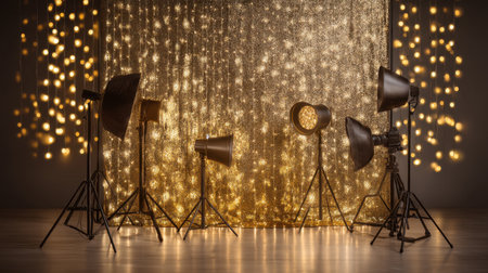 A well-arranged photography studio featuring modern lighting equipment and a sparkling gold backdrop, ideal for glamorous photo shoots.の素材