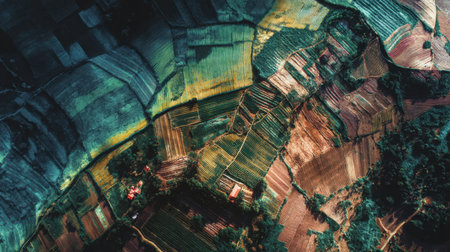 This aerial photograph showcases a breathtaking patchwork of colorful fields and farmland, highlighting the beauty of agricultural practices in harmony with nature.の素材
