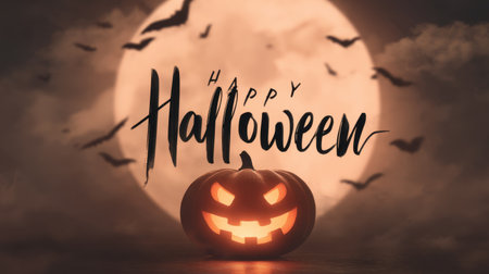 A hauntingly beautiful Halloween scene featuring a carved pumpkin glowing under a large moon with bats in the background. Perfect for seasonal designs!の素材
