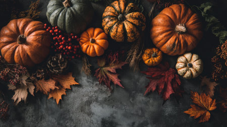 A vibrant display of various pumpkins, colorful leaves, and berries creates an inviting autumn atmosphere. Perfect for seasonal themes and decor.の素材