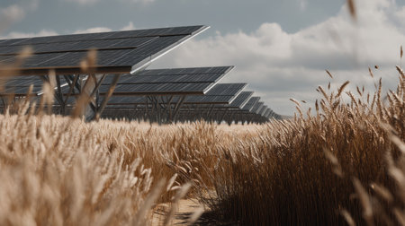 Capture the essence of sustainable agriculture with solar panels standing tall amidst golden wheat fields under a sunny sky.の素材