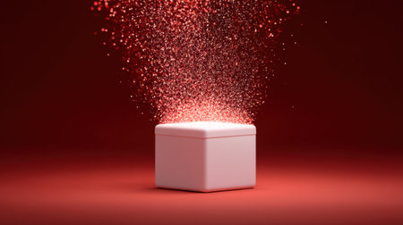 A captivating scene featuring a white gift box emerging with sparkling red particles against a rich red backdrop. This image conveys a sense of wonder and celebration, perfect for holiday themes.の素材
