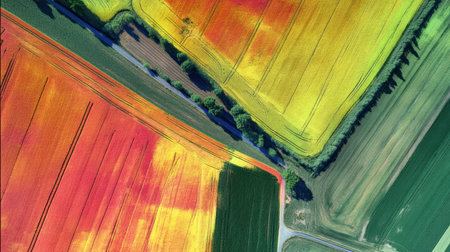 This stunning aerial image showcases vibrant agricultural fields displaying a rich tapestry of colors and patterns. The combination of yellow, green, orange, and red creates a visually striking landscape typical of summer. Perfect for themes of nature and farming.の素材