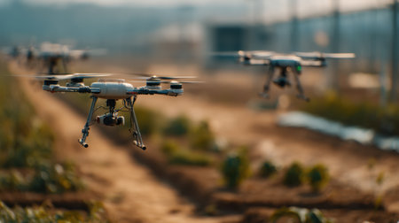 A captivating scene featuring drones flying over agricultural fields, showcasing the integration of technology in precision farming and crop monitoring.の素材