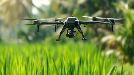A high-tech drone hovers gracefully above a vibrant rice field, showcasing the intersection of technology and agriculture in a picturesque landscape.の素材