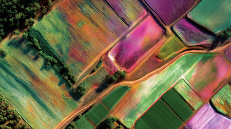 Experience a stunning aerial view showcasing an array of vibrant agricultural fields filled with rich colors and patterns.の素材
