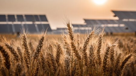 A serene golden wheat field bathed in warm sunlight, with innovative solar panels in the background, symbolizing sustainable farming practices.の素材