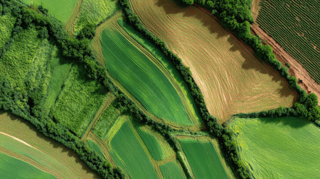 This aerial image captures a rich tapestry of lush green fields and farmland patterns, showcasing the intricate beauty of agricultural landscapes under bright sunlight.の素材
