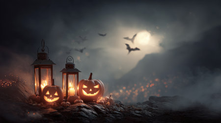 Experience a hauntingly beautiful Halloween scene featuring glowing Jack-O-Lanterns, lanterns, and a full moon shrouded in mist, perfect for autumn celebrations.の素材