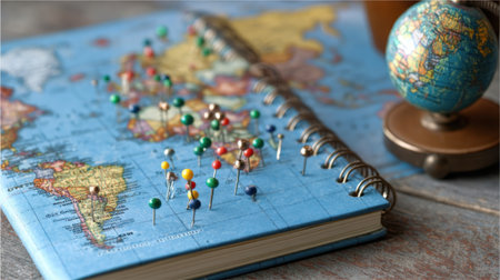 A vibrant scene featuring colorful push pins on a world map within a notebook, accompanied by a globe, perfect for travel enthusiasts documenting adventures.の素材