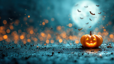A captivating Halloween scene featuring a glowing jack-o'-lantern amid flying bats and a full moon, creating an enchanting atmosphere. Perfect for festive themes.の素材