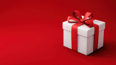 A stunning white gift box adorned with a bright red ribbon sits elegantly against a bold red backdrop, evoking feelings of joy and celebration.の素材