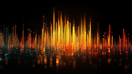 This image showcases an abstract digital sound wave visualization featuring colorful gradient effects against a black background, evoking energy and creativity.の素材