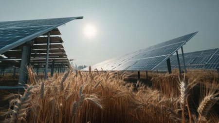 A serene view of solar panels shining under the sun in an agricultural field of wheat, showcasing sustainable energy and farming harmony.の素材
