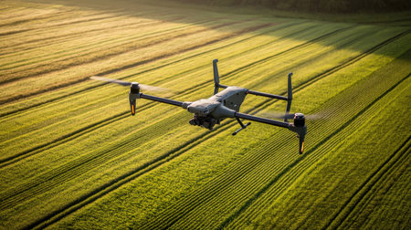 A stunning aerial shot of a drone navigating over expansive green fields, bathed in the warm light of sunrise, showcasing modern agricultural technology in action.の素材