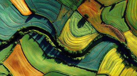 An aerial perspective reveals a breathtaking tapestry of fields in vibrant greens, yellows, and blues, highlighted by a winding river weaving through the landscape.の素材