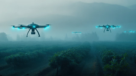 Drones hover over a misty vineyard at dawn, showcasing advanced agricultural technology in action for monitoring and improving crop health.の素材
