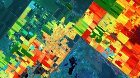 Explore the vibrant aerial view of agricultural fields displaying a stunning array of colors and patterns, illustrating the diversity of land use and crop cultivation.の素材