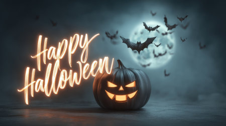 Celebrate the essence of Halloween with this atmospheric image featuring a glowing pumpkin, fluttering bats, and a bright moon. Perfect for creative projects.の素材