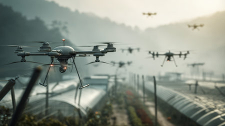 Aerial view of drones flying over lush greenhouses in a rural area, showcasing advanced technology in agriculture and crop management.の素材