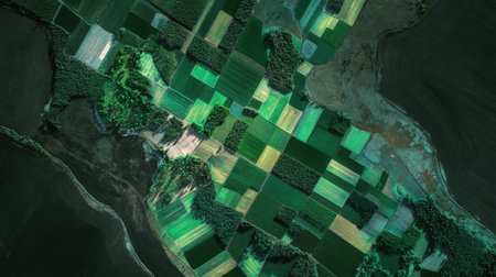 Captivating aerial shot showcasing a vibrant patchwork of fields with diverse crop colors, bordered by green forests and a tranquil water body.の素材