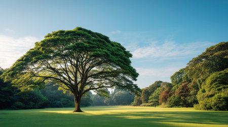Discover the beauty of nature with this majestic green tree standing proudly in a vibrant landscape. A serene scene under a clear blue sky.の素材