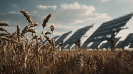 This image showcases solar panels installed in an agricultural field with ripe wheat crops under a bright sky, highlighting the harmony between sustainable energy and farming practices.の素材