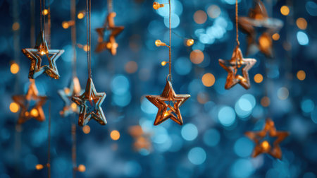 This captivating image features golden stars suspended against a dreamy blue backdrop, enhanced by a magical bokeh effect, perfect for festive designs.の素材