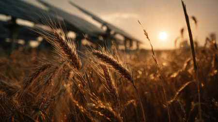 A serene image of golden wheat swaying in a field under solar panels, bathed in warm sunset light, highlighting sustainable energy and agriculture.の素材