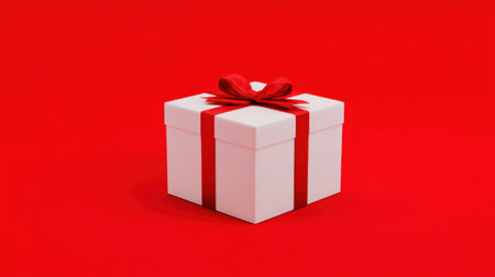 This image features an elegant white gift box adorned with a vibrant red ribbon, set against a striking red background, perfect for festive occasions.の素材
