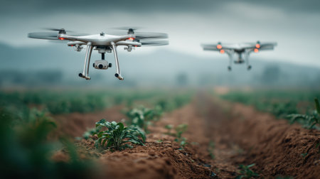 Aerial drones fly over agricultural fields, monitoring green crops in a rural landscape, highlighting modern technology and precision farming methods.の素材