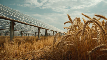 A picturesque scene showcasing golden wheat swaying gently beside modern solar panels, blending agriculture with sustainable energy. The bright sky enhances the beauty of this rural landscape.の素材