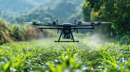 A drone equipped for agriculture sprays fertilizer across vibrant green fields, showcasing modern farming practices that enhance crop growth.の素材