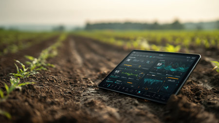 A digital tablet lies in a field showing advanced data analytics, highlighting technology integration in agriculture for improved crop management and productivity.の素材
