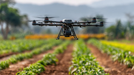 A drone flies above a vibrant agricultural field, showcasing modern technology employed in farming for crop monitoring and analysis.の素材
